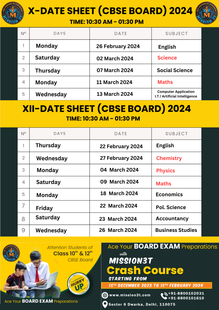 cbse exam date sheet 2024 with crash course